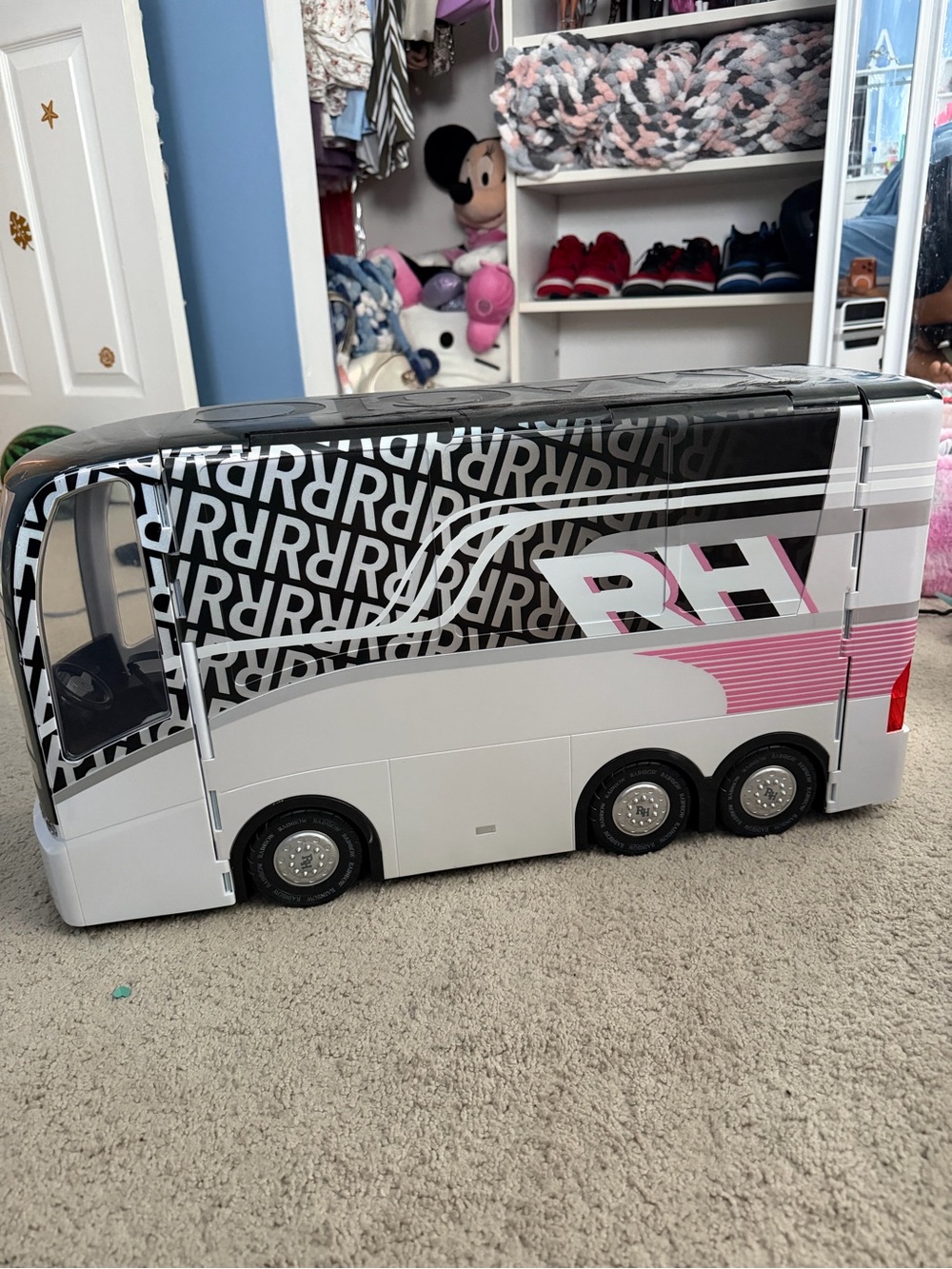RH-Branded Kids Toy Tour Bus in White, Black & Pink